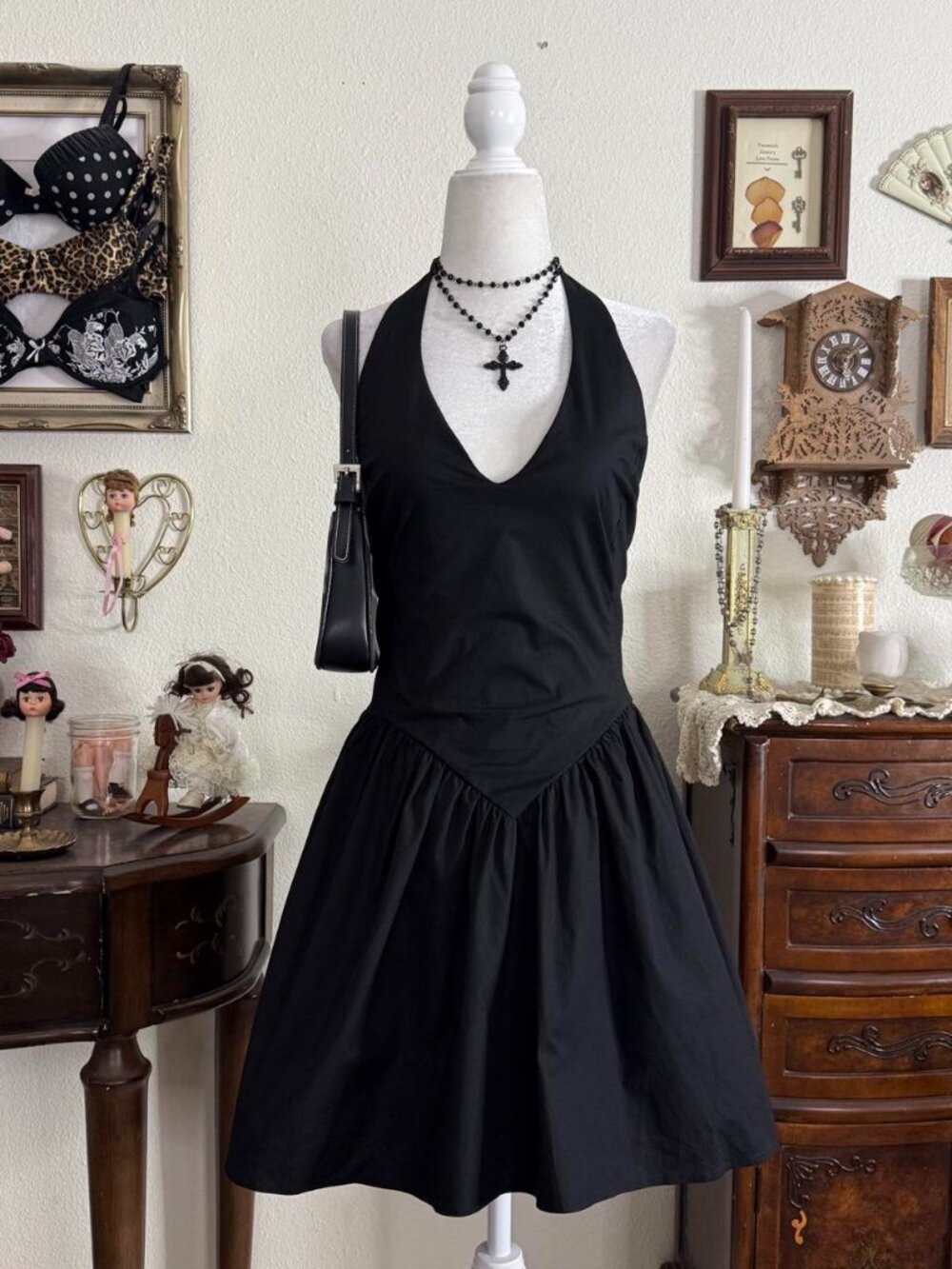 Girly grunge coquette goth black halter style mini dress